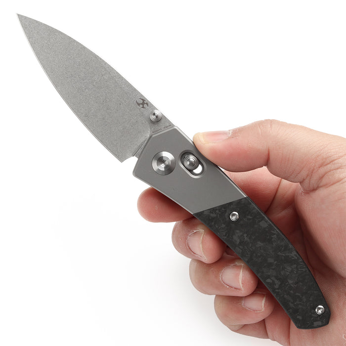 KANSEPT Dako Cross Bar Lock Stonewashed Titanium with Shred Carbon Fiber Handle (3.19" CPM S35VN Blade) with Eddy M Design-K1101V1