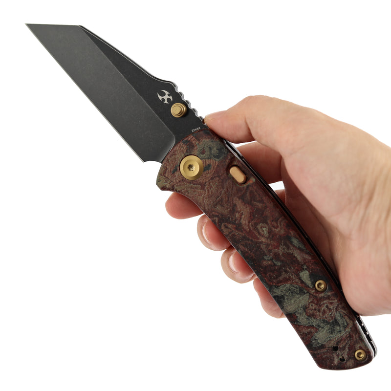 Kansept Main Street | Top Liner Lock | Red Rag Burl Canvas Micarta | 3.36" Elmax Blade | Pinkerton Knives Design |K1015H1