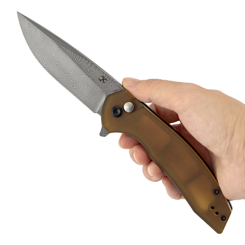 Kansept Accipiter | Button Lock | Amber PEI/Ultem | 3.53"Damascus with Water Ripple Pattern Blade | T1007F1