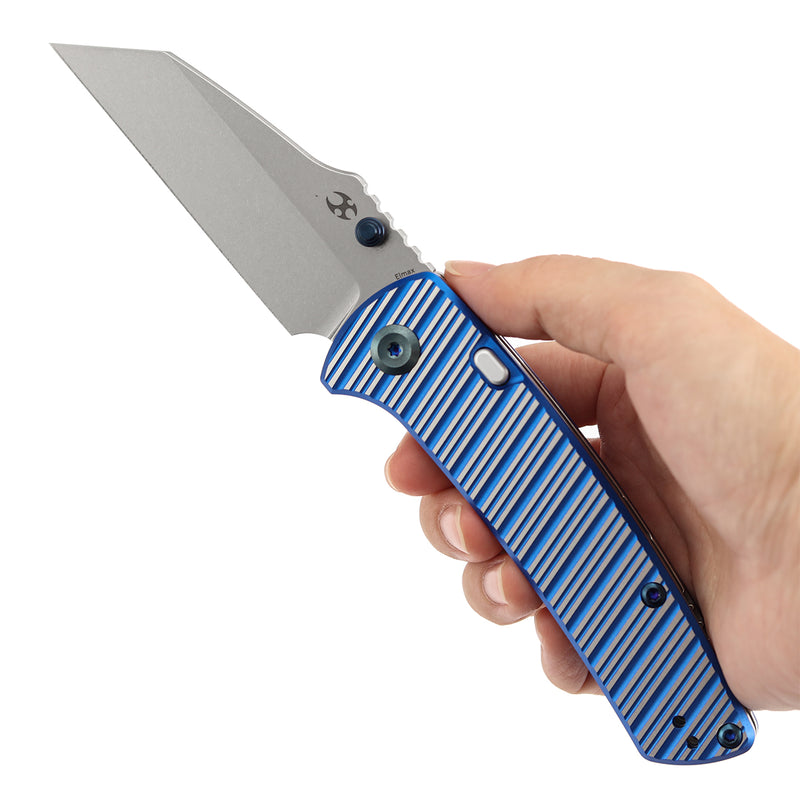 Kansept Main Street | Top Liner Lock | Blue and Plain Aluminum with Stripes | 3.36" Elmax Blade | Pinkerton Knives Design |K1015H3
