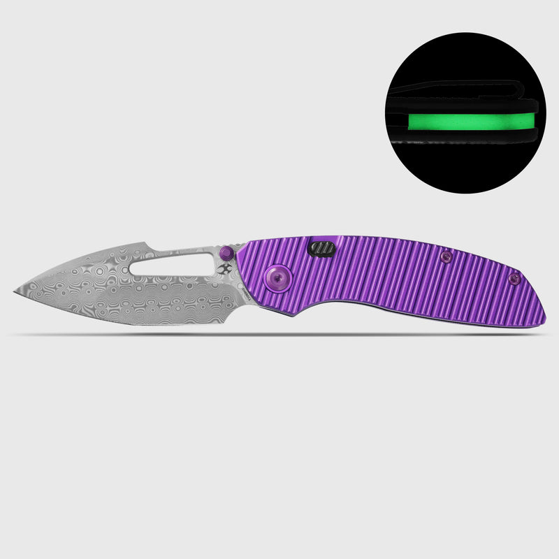 Link | Top Liner Lock | Purple Aluminum with Milled Grooves | 2.98" Damascus | Triple Stripe Knives | T1068H2