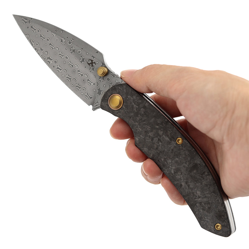 Kansept Falk | Thumb Stud | Shred Carbon Fiber | 3.31" Damascus Blade | Cédric Destombes Designed | K1142A1