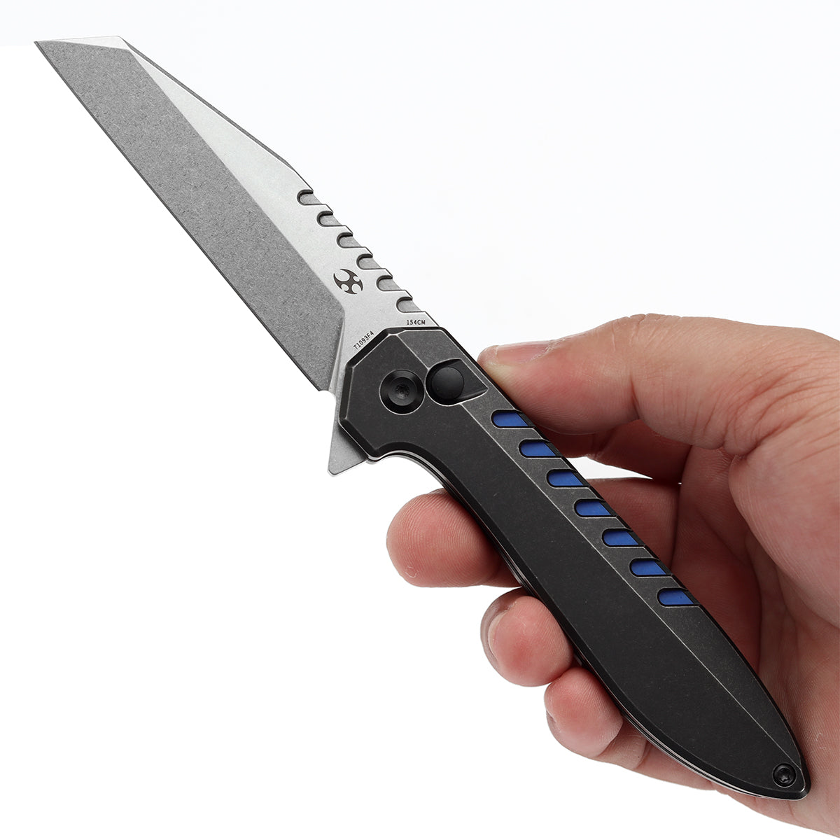KANSEPT Kosame Button Lock Blackwash Titanium with Blue G10 Inlay