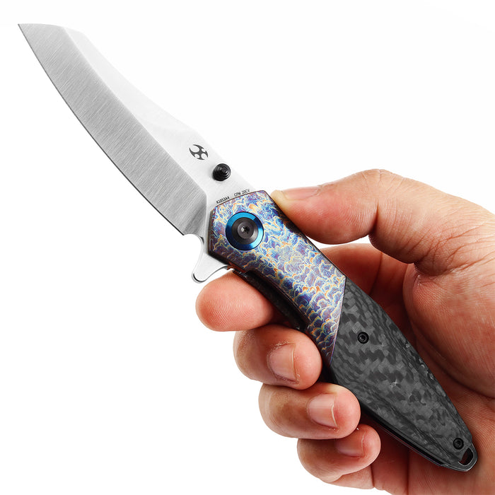 KANSEPT Thumb Stub Mistaken Lightning Strike Finish Titanium and Twill Carbon Fiber with Timascus Clip (3.15" CPM 20CV) Jonathan Styles Design- K1053A4