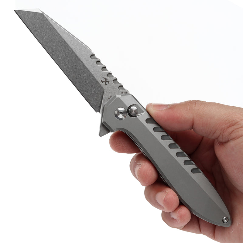 KANSEPT Kosame Button Lock Stonewashed Titanium with Jade G10 Inlay (3.37" 154CM Blade) with EI Spade Design-T1093F6