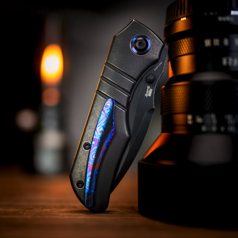 Kansept Mini Lanza | Thumb Stud | Blackwash Titanium &Timascus Pocket Clip | 3.31" CPM 20CV Blade | Brandon Corbin Designed | K1116A2