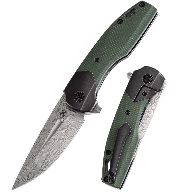 KANSEPT Cassowary Flipper Black Stonewashed Titanium and Green Micarta Titanium Handle (2.9''Damascus Blade ) Koch Tools Design -K2065B6