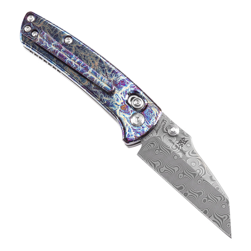KANSEPT Little Main Street Cross Bar Lock Titanium with Lightning Strike Finish Handle (2.26'' Damascus Blade) Dirk Pinkerton Design K2015V1