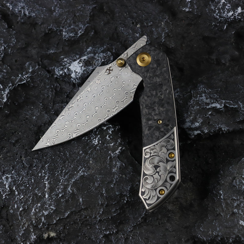 KANSEPT Special Custom Hand Engraved Fenrir Beadblasted Titanium and Shred Carbon Fiber Handle (3.48'' Damascus Blade) Greg Schob Design