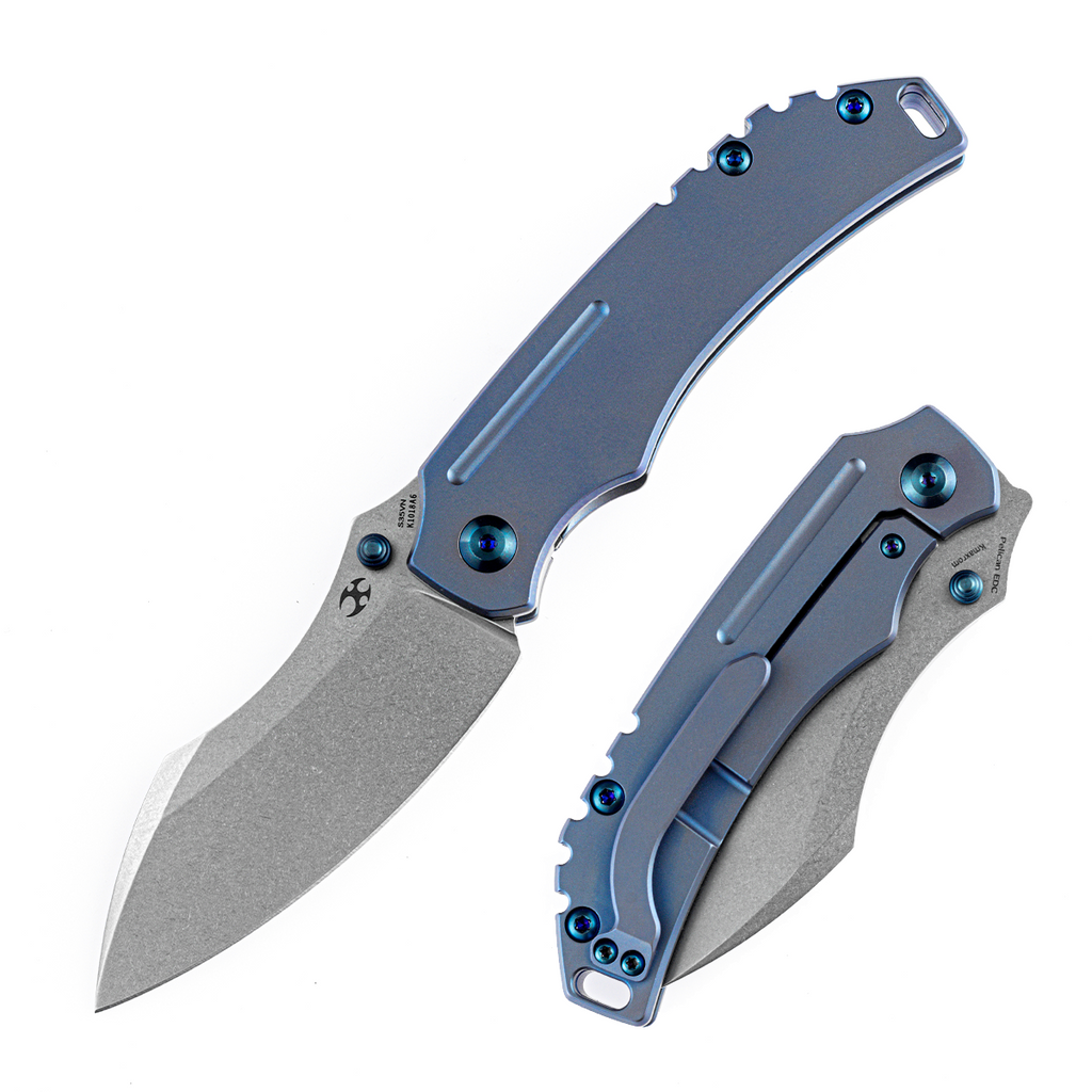 We Knife Company Equivik Nested Frame Lock Flipper Knife 3.48 CPM-20CV  Hand Rubbed Satin Drop Point Blade, Blue Titanium Handles with Polished  Bead Blasted Titanium Scales - KnifeCenter - WE23020-3