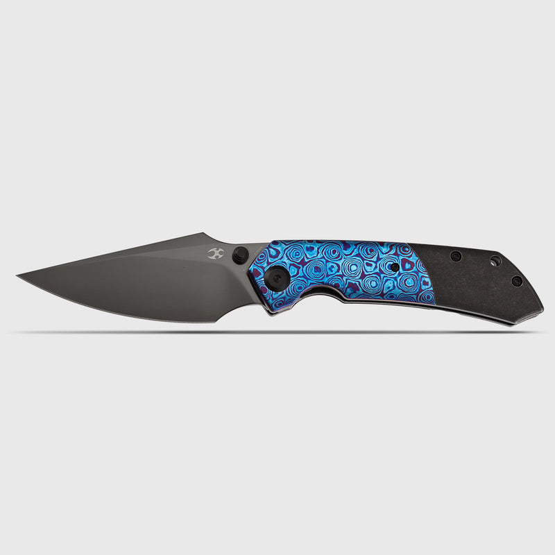 KANSEPT Exclusive Fenrir | Thumb Stub | Blackwash Titanium&Timascus | 3.48" Mirror DLC CPM S35VN Blade | Sparrow Knife Design | K1034A12