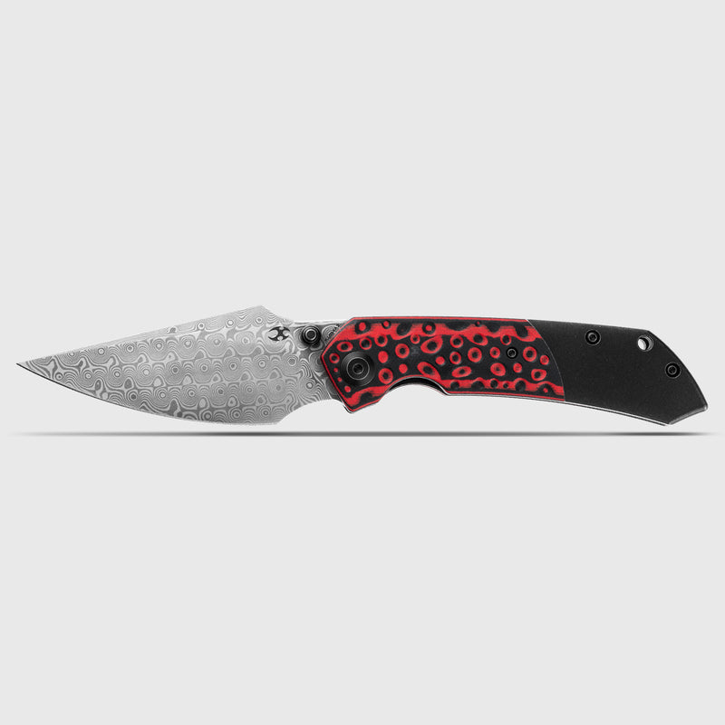 KANSEPT Fenrir Front Flipper/Thumb Stud Knife Black and Red G10  +Titanium Handle (3.48'' Dmascus Blade) Greg Schob Design-K1034A2