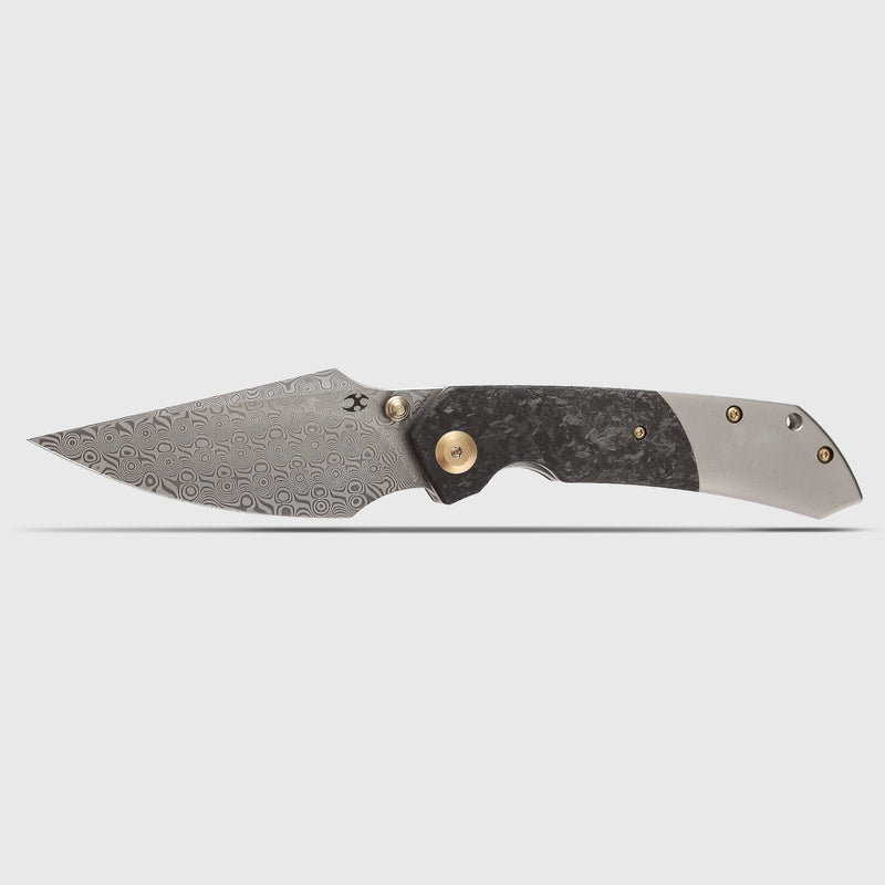 KANSEPT Fenrir Flipper Knife Beadblasted Titanium+ Shred Carbon Fiber Handle (3.48'' Damascus Blade) Greg Schob Design -K1034B1