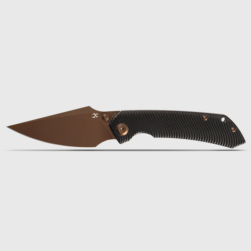 Kansept Fenrir  | Frame Lock | Blackwash Titanium with Micro Milled Water Ripple Texture | 3.48'' Rose Gold CPM S35VN Blade | Sparrow Knife Design | K1034C3