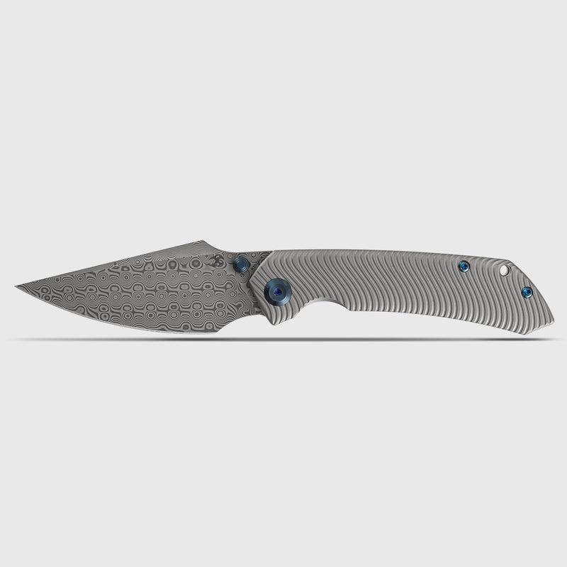 Kansept Fenrir  | Frame Lock | Beadblasted Titanium with Micro Milled Water Ripple Texture | 3.48'' Damascus Blade | Sparrow Knife Design | K1034C4