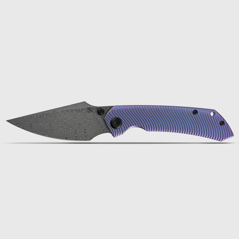Kansept Fenrir  | Frame Lock | Purple Anodized Titanium with Micro Milled Water Ripple Texture | 3.48'' Damascus Blade | Sparrow Knife Design | K1034C5