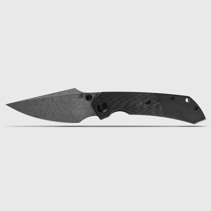 Kansept Fenrir  | Liner Lock | Blackwash Titanium & Twill Carbon Fiber with G10 | 3.48'' Damascus Blade | Sparrow Knife Design | K1034D1