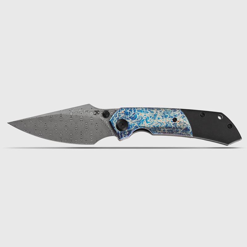 Kansept Fenrir  | Liner Lock | Blackwash Titanium with Lightning Strike Finish Ti Inlay | 3.48'' Damascus Blade | Sparrow Knife Design | K1034D2