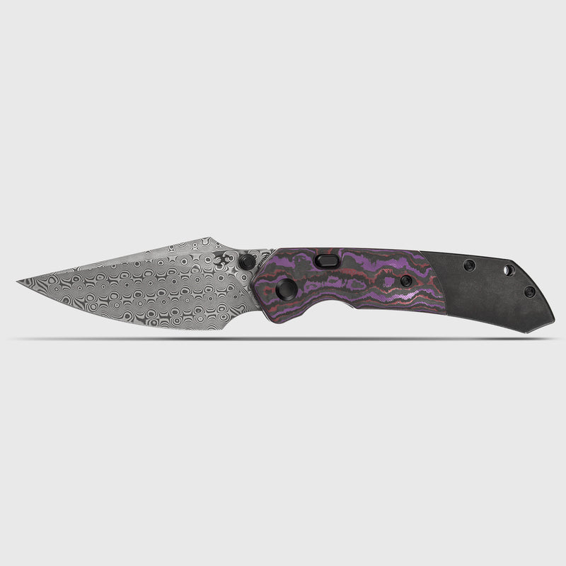 KANSEPT | Fenrir Top Liner Lock | Purple Haze Fatcarbon & Titanium | 3.4" Damascus | Sparrow Knife Design | K1034H3