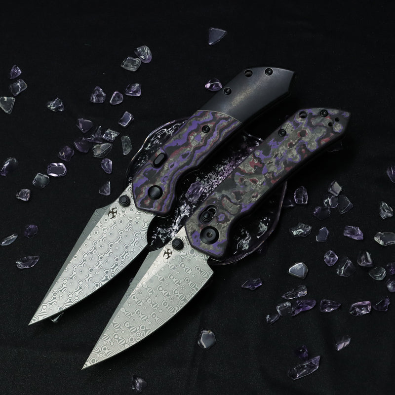 KANSEPT | Fenrir Top Liner Lock | Purple Haze Fatcarbon & Titanium | 3.4" Damascus | Sparrow Knife Design | K1034H3
