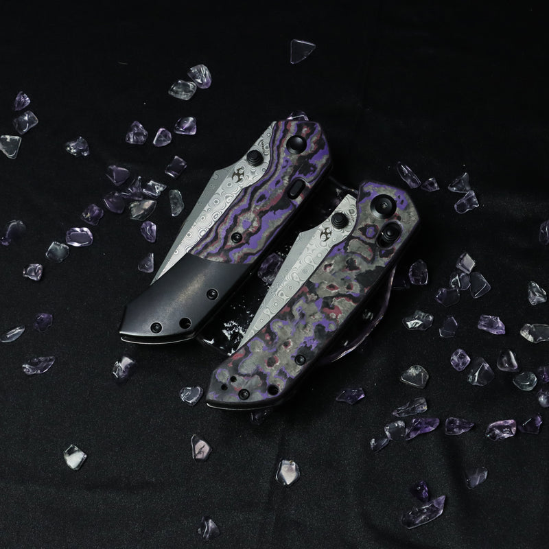KANSEPT | Fenrir Top Liner Lock | Purple Haze Fatcarbon & Titanium | 3.4" Damascus | Sparrow Knife Design | K1034H3