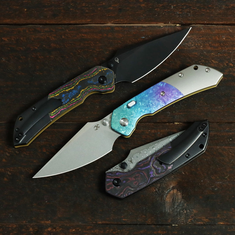 KANSEPT | Fenrir Top Liner Lock | Purple Haze Fatcarbon & Titanium | 3.4" Damascus | Sparrow Knife Design | K1034H3