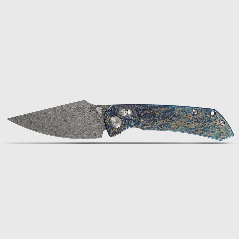 Kansept Fenrir | Crossbar Lock | Titanium with Lightning Strike Finish | 3.48"  Acid Etched Damascus Blade | Sparrow Knife Design | K1034V10