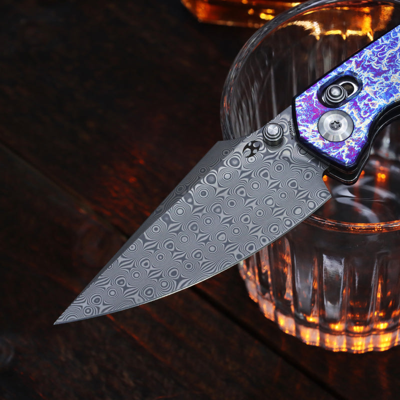 Kansept Fenrir | Crossbar Lock | Titanium with Lightning Strike Finish | 3.48"  Acid Etched Damascus Blade | Sparrow Knife Design | K1034V10