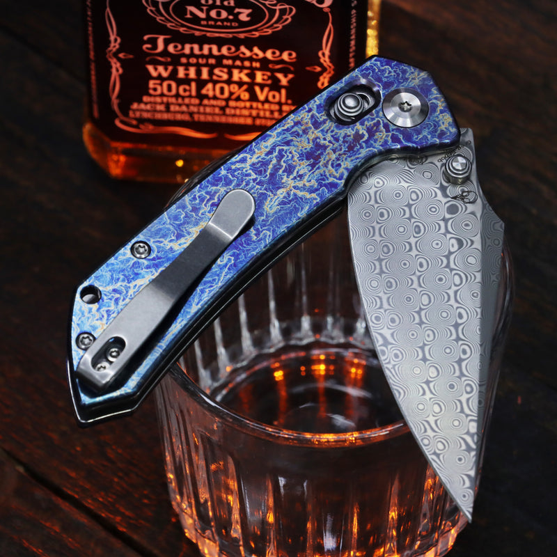 Kansept Fenrir | Crossbar Lock | Titanium with Lightning Strike Finish | 3.48"  Acid Etched Damascus Blade | Sparrow Knife Design | K1034V10