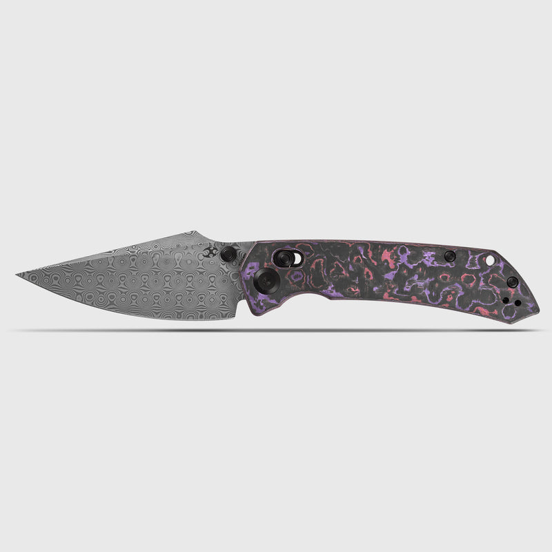 Kansept Fenrir | Crossbar Lock |  Purple Haze Fatcarbon | 3.48" Damascus Blade | Sparrow Knife Design | K1034V9