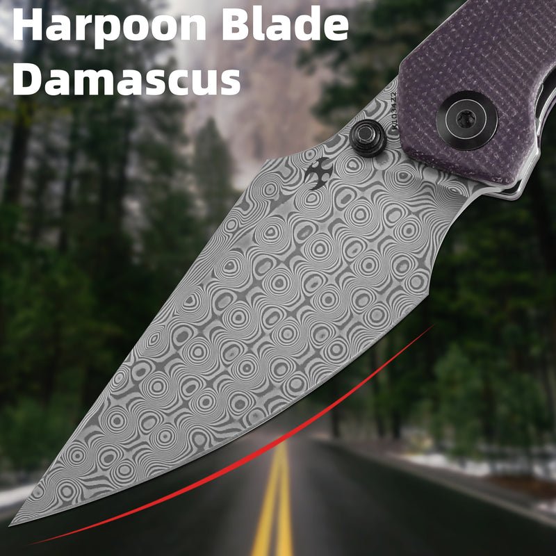 KANSEPT Fenrir Front Flipper/Thumb Stud Knife Blackwash Titanium and Purple Micarta Handle (3.48''Damascus Blade) Greg Schob Design -K1034Z2