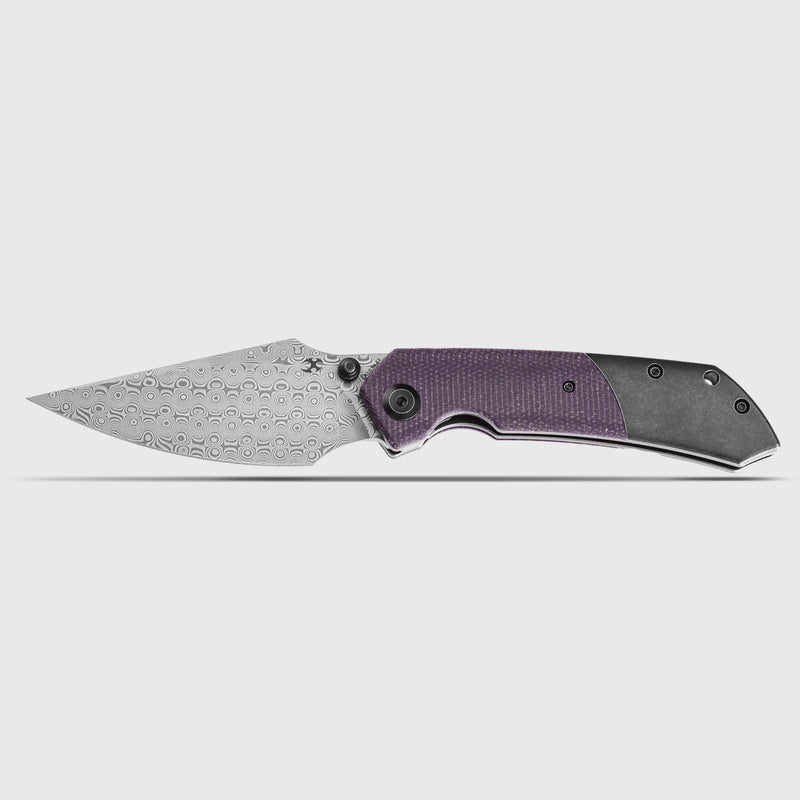 KANSEPT Fenrir Front Flipper/Thumb Stud Knife Blackwash Titanium and Purple Micarta Handle (3.48''Damascus Blade) Greg Schob Design -K1034Z2