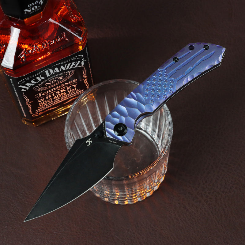 [Preorder-Ship by June 25th] Kansept Exclusive Fenrir  | Frame Lock | Purple Anodized Titanium with CNC-machined American Flag Pattern | 3.48'' CPM S35VN Blade | Sparrow Knife Design | K1034C6