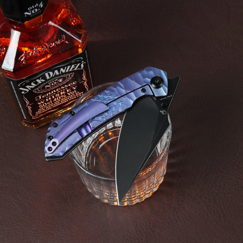 [Preorder-Ship by June 25th] Kansept Exclusive Fenrir  | Frame Lock | Purple Anodized Titanium with CNC-machined American Flag Pattern | 3.48'' CPM S35VN Blade | Sparrow Knife Design | K1034C6