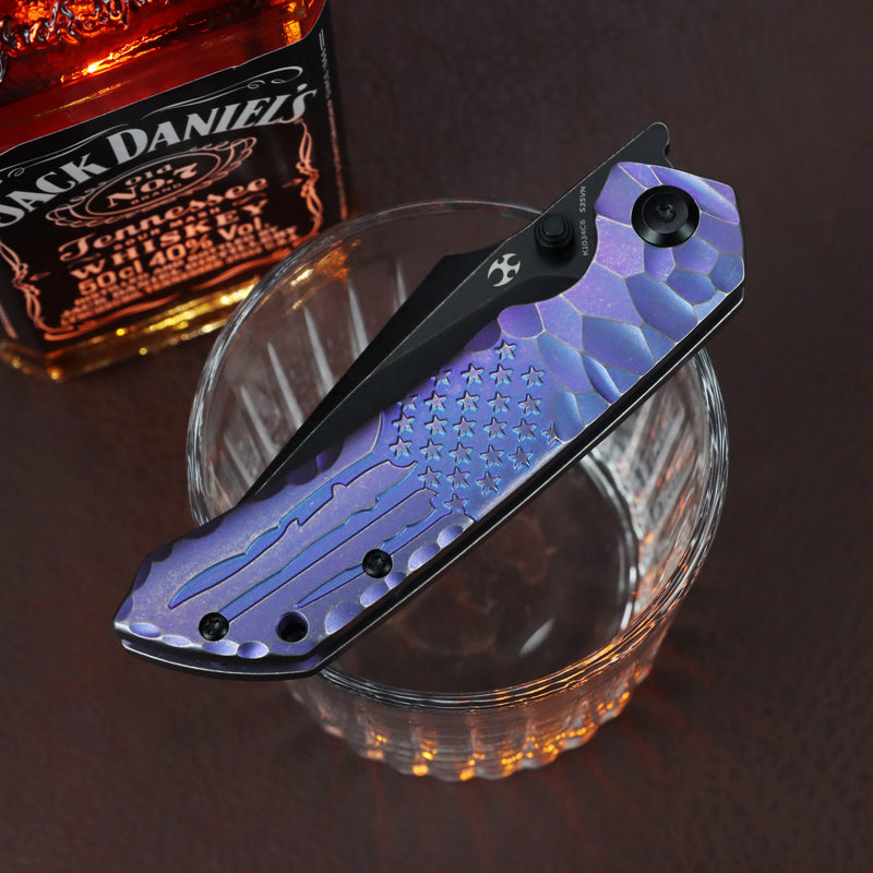 [Preorder-Ship by June 25th] Kansept Exclusive Fenrir  | Frame Lock | Purple Anodized Titanium with CNC-machined American Flag Pattern | 3.48'' CPM S35VN Blade | Sparrow Knife Design | K1034C6