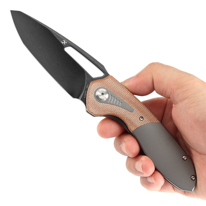 KANSEPT Thoth Thumb Hole Knife Gray Anodized Titanium and Brown Micarta Handle (3.43''CPM 20CV Blade ) Sparrow Knife Co Design -K1075T2