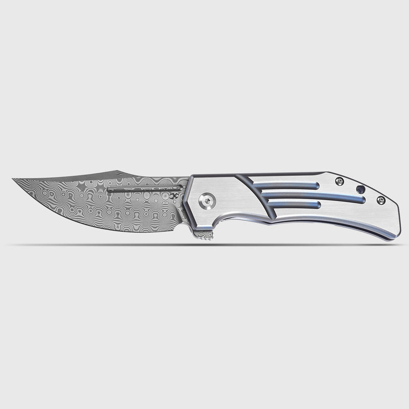 KANSEPT Orion Limited-version Flipper Blue Anodized and Machine Satin Titanium Handle (3.07''Damascus Blade) JB Stout Design -K1089B2