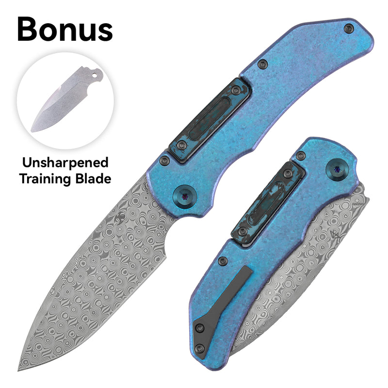 KANSEPT | Hazard | Bali Lock | Crystallized Titanium & Artic Storm Fatcarbon Handle | 3.63" Damascus | Steven Dunnuck Designed | K1104H5