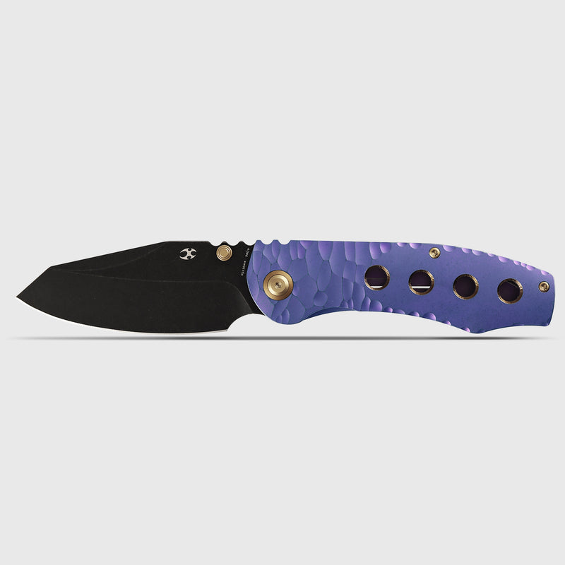Kansept Caveman | Frame Lock | Purple Anodized and Stonewashed Titanium with CNC-machined Rock Pattern | 3.57" CPM 20CV Blade |  Jesse Pauley Designed | K1110A4