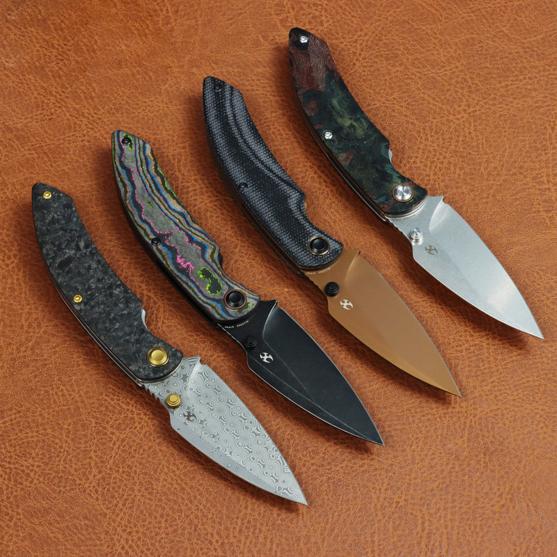 Kansept Falk | Thumb Stud | Shred Carbon Fiber | 3.31" Damascus Blade | Cédric Destombes Designed | K1142A1