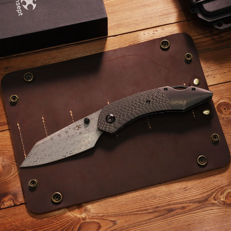 K9 | Bolster Liner Lock | Twill Carbon Fiber/G10 Laminate & Balckwash Titanium | 3.63" Damascus | Keanison Knives Design | K1151A4