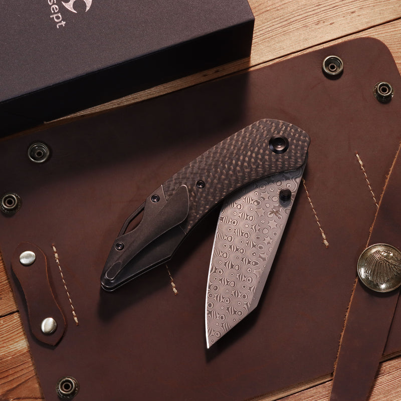 K9 | Bolster Liner Lock | Twill Carbon Fiber/G10 Laminate & Balckwash Titanium | 3.63" Damascus | Keanison Knives Design | K1151A4