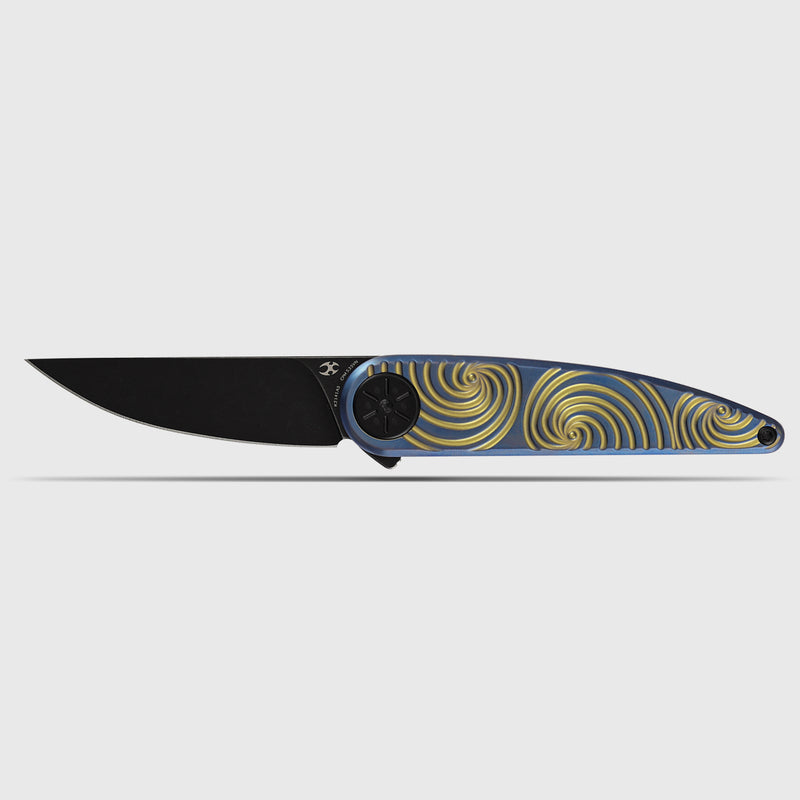 Symétrix | Frame Lock | Blue Anodized Titanium with Gold Swirl Pattern | 2.85" CPM S35VN | Alain André Design | K2141A3