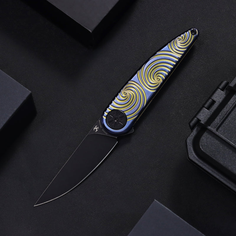 Symétrix | Frame Lock | Blue Anodized Titanium with Gold Swirl Pattern | 2.85" CPM S35VN | Alain André Design | K2141A3
