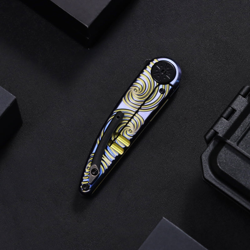 Symétrix | Frame Lock | Blue Anodized Titanium with Gold Swirl Pattern | 2.85" CPM S35VN | Alain André Design | K2141A3