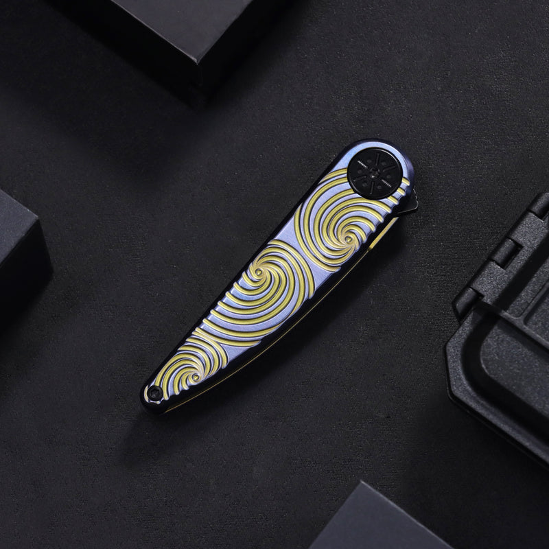 Symétrix | Frame Lock | Blue Anodized Titanium with Gold Swirl Pattern | 2.85" CPM S35VN | Alain André Design | K2141A3