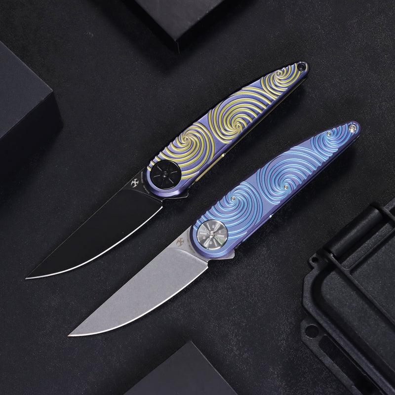 Symétrix | Frame Lock | Blue-Purple Anodized Titanium with Swirl Pattern | 2.85" CPM S35VN | Alain André Design | K2141A4