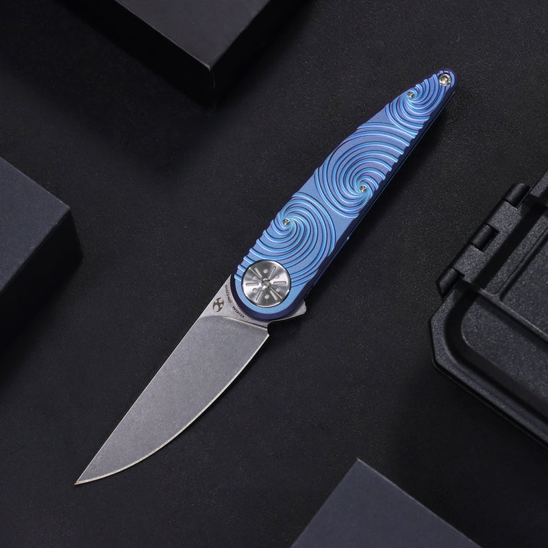 Symétrix | Frame Lock | Blue-Purple Anodized Titanium with Swirl Pattern | 2.85" CPM S35VN | Alain André Design | K2141A4