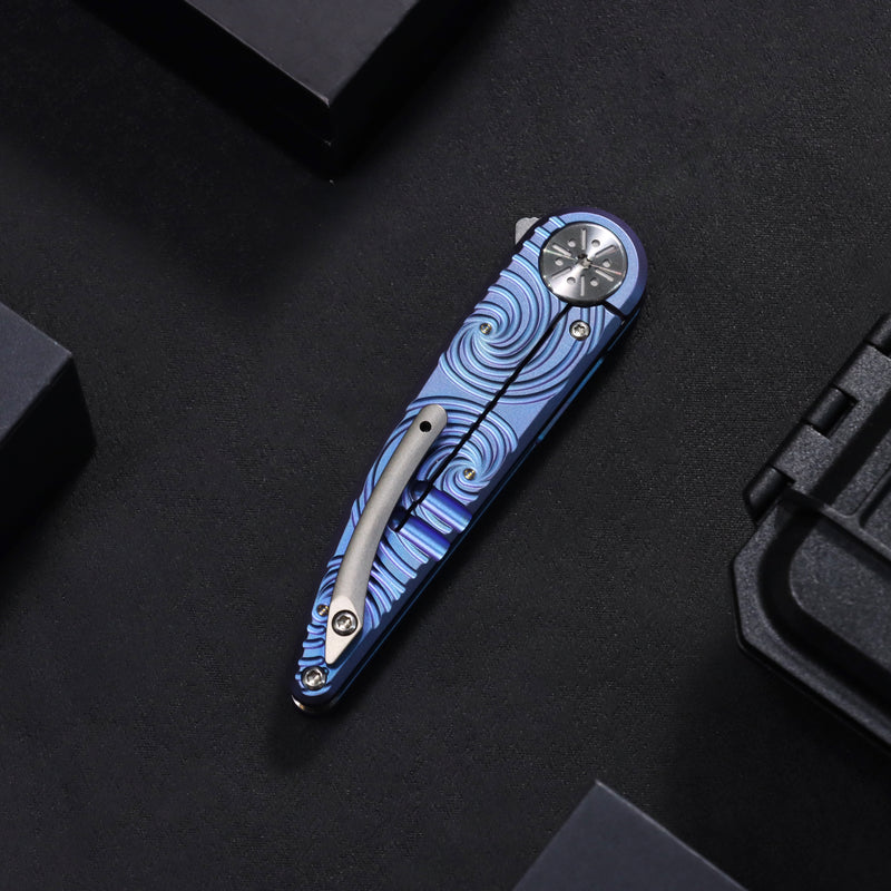Symétrix | Frame Lock | Blue-Purple Anodized Titanium with Swirl Pattern | 2.85" CPM S35VN | Alain André Design | K2141A4