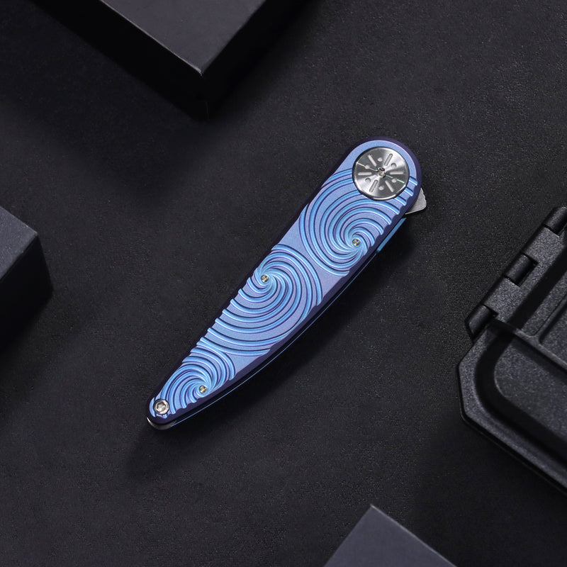 Symétrix | Frame Lock | Blue-Purple Anodized Titanium with Swirl Pattern | 2.85" CPM S35VN | Alain André Design | K2141A4
